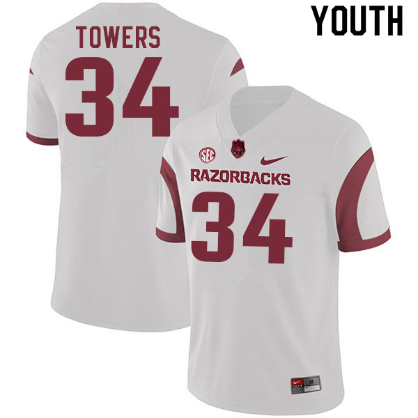 Youth #34 J.T. Towers Arkansas Razorbacks College Football Jerseys Sale-White - Click Image to Close